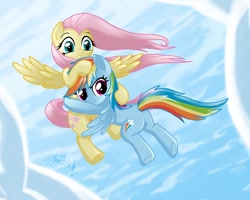 Size: 1000x800 | Tagged: safe, artist:kaizenwerx, fluttershy, rainbow dash, pegasus, pony, female, flutterdash, flying, hug, lesbian, shipping