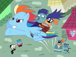 Size: 2184x1664 | Tagged: safe, artist:cartuneslover16, rainbow dash, oc, pegasus, pony, blossom (fetch!), chet, chowder, crossover, dib membrane, fetch! with ruff ruffman, florentine, glen, invader zim, non-mlp oc, pubert, ruff ruffman, the buzz on maggie, wonderbolts uniform