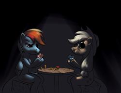 Size: 3850x2975 | Tagged: safe, artist:welcometodai, applejack, rainbow dash, earth pony, pegasus, pony, dim light, high res, liar face, liarjack, poker, poker face, scrunchy face