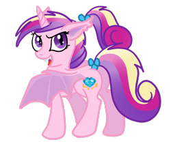 Size: 1200x1000 | Tagged: safe, artist:kuromi, princess cadance, bat pony, pony, butt wings, fangs, glare, looking at you, looking back, lovebat, open mouth, plot, ponytail, race swap, simple background, smirk, solo, spread wings, tail bow, teen princess cadance, transparent background, vector