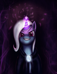 Size: 1972x2550 | Tagged: safe, artist:jeki, derpibooru import, trixie, pony, unicorn, cloak, clothes, female, gem, grin, looking at you, magic, mare, solo