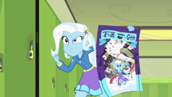 Size: 1280x720 | Tagged: safe, derpibooru import, screencap, trixie, better together, equestria girls, forgotten friendship, canterlot high, female, lockers, poster, solo, trixie's poster