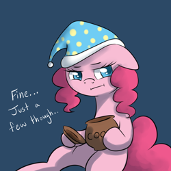 Size: 500x500 | Tagged: safe, artist:maplesunrise, pinkie pie, earth pony, pony, ask, ask snuggle pie, colored pupils, cookie jar, floppy ears, hat, nightcap, solo, tumblr