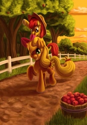 Size: 600x861 | Tagged: safe, artist:tsitra360, apple bloom, applejack, earth pony, pony, accessory swap, adorabloom, apple, cute, ponies riding ponies, sisters, sunset, sweet apple acres, tree