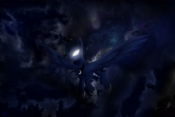 Size: 3000x2000 | Tagged: safe, artist:sailiss, princess luna, alicorn, pony, cloud, flying, glowing eyes, lightning, night, solo