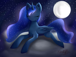 Size: 2364x1773 | Tagged: safe, artist:alezayku, princess luna, alicorn, pony, cloud, eyes closed, moon, prone, solo, stars