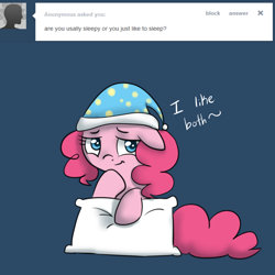 Size: 1000x1000 | Tagged: safe, artist:maplesunrise, pinkie pie, earth pony, pony, ask, ask snuggle pie, cute, diapinkes, floppy ears, hat, nightcap, pillow, solo, tumblr