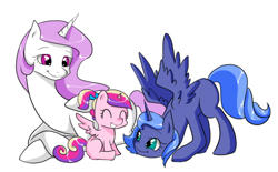 Size: 884x549 | Tagged: safe, artist:yoonny92, princess cadance, princess celestia, princess luna, alicorn, pony, blank flank, eyes closed, filly, prone, s1 luna, simple background, sitting, smiling, spread wings