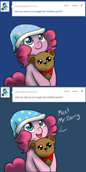 Size: 1000x2004 | Tagged: safe, artist:maplesunrise, pinkie pie, earth pony, pony, ask, ask snuggle pie, cute, dialogue, diapinkes, hat, nightcap, open mouth, solo, teddy bear, tumblr