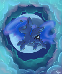 Size: 1009x1200 | Tagged: safe, artist:erysz, princess luna, alicorn, pony, eyes closed, filly, moon, night, smiling, solo, woona