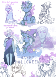 Size: 2480x3434 | Tagged: safe, artist:mscootaloo, derpibooru import, trixie, human, alternate hairstyle, basket, blushing, candy, clothes, dress, humanized, potion, sketch, sketch dump, solo, sweatdrop