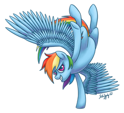 Size: 800x727 | Tagged: dead source, safe, artist:fallenzephyr, rainbow dash, pegasus, pony, female, grin, handstand, looking at you, mare, signature, simple background, smiling, solo, spread wings, transparent background, upside down, wings