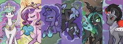 Size: 1350x492 | Tagged: safe, artist:jezebeltart, king sombra, nightmare moon, princess cadance, princess celestia, princess luna, queen chrysalis, alicorn, changeling, changeling queen, pony, unicorn, crystal heart