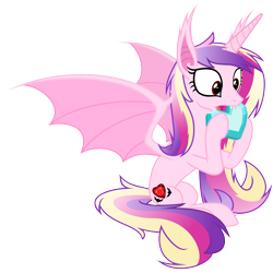 Size: 6000x6000 | Tagged: safe, artist:magister39, princess cadance, bat pony, pony, absurd resolution, alternate cutie mark, bat ponified, crystal heart, cute little fangs, fangs, lovebat, nom, open mouth, race swap, simple background, sitting, solo, spread wings, transparent background, vector, wide eyes