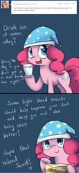 Size: 1000x2195 | Tagged: safe, artist:maplesunrise, pinkie pie, earth pony, pony, ask, ask snuggle pie, chips, hat, nightcap, solo, tumblr, water