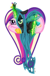 Size: 730x1095 | Tagged: safe, artist:missitofu, princess cadance, queen chrysalis, alicorn, changeling, changeling queen, pony, character to character, crown, disguise, disguised changeling, duality, fake cadance, female, heart changeling, heart pony, hoof shoes, jewelry, magic, mare, regalia, simple background, solo, transformation, transforming accessories, transparent background