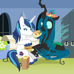 Size: 1100x1100 | Tagged: safe, artist:dm29, queen chrysalis, shining armor, changeling, changeling queen, pony, unicorn, bench, burger, cute, cutealis, duo, food, hay burger, paper crown, prone, shining adorable, sitting