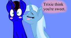 Size: 1412x756 | Tagged: safe, artist:night-shadow7, derpibooru import, trixie, oc, oc:brad mythical, pony, unicorn, blushing, canon x oc, eyes closed, female, kissing, male, mare, misspelling, shipping, simple background, straight