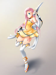 Size: 737x983 | Tagged: safe, artist:yatonokami, fluttershy, human, clothes, commission, cutie mark, dress, evening gloves, fantasy class, gloves, humanized, kusarigama, long gloves, socks, solo, thigh highs, weapon, wip