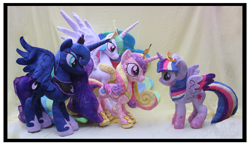 Size: 4929x2879 | Tagged: safe, artist:nazegoreng, princess cadance, princess celestia, princess luna, twilight sparkle, twilight sparkle (alicorn), alicorn, pony, alicorn tetrarchy, blushing, female, irl, mare, photo, plushie, rainbow power