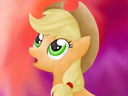 Size: 1024x768 | Tagged: safe, artist:bronytoss, applejack, earth pony, pony, bust, female, gradient background, looking up, mare, open mouth, portrait, solo, three quarter view