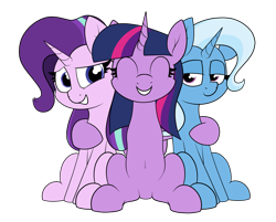 Size: 2365x1905 | Tagged: safe, artist:moonatik, derpibooru import, starlight glimmer, trixie, twilight sparkle, twilight sparkle (alicorn), alicorn, pony, unicorn, commission, cute, eyes closed, female, hug, mare, simple background, sitting, transparent background, trio