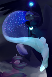 Size: 2100x3100 | Tagged: safe, artist:cicirose97, princess luna, snowfall frost, starlight glimmer, alicorn, pony, cloak, clothes, magic, spirit of hearth's warming yet to come