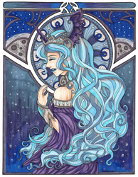 Size: 2550x3293 | Tagged: safe, artist:fir3h34rt, princess luna, human, clothes, eyes closed, horned humanization, humanized, modern art, nouveau, off shoulder, s1 luna, solo, traditional art