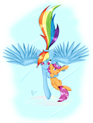 Size: 1590x2100 | Tagged: safe, artist:axelsmile, rainbow dash, scootaloo, pegasus, pony, flying, holding a pony, scootalove