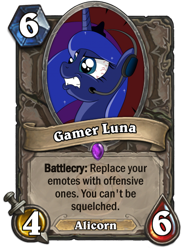 Size: 400x543 | Tagged: safe, princess luna, alicorn, pony, angry, card, gamer luna, hearthstone, meta, solo, warcraft