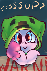 Size: 900x1356 | Tagged: safe, artist:atryl, pinkie pie, earth pony, pony, costume, creeper, female, flame eyes, looking at you, mare, minecraft, signature, smiling, solo, this will end in explosions, warning