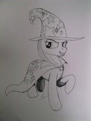 Size: 3216x4288 | Tagged: safe, artist:scribblepwn3, derpibooru import, trixie, pony, unicorn, cloak, clothes, devious smile, hat, monochrome, pen drawing, solo, traditional art, wizard hat