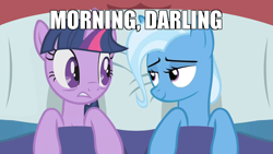 Size: 700x394 | Tagged: safe, artist:dtkraus, derpibooru import, edit, trixie, twilight sparkle, unicorn twilight, pony, unicorn, bed, bedroom eyes, caption, darling, eye contact, female, frown, gritted teeth, image macro, lesbian, looking at each other, mare, meme, shipping, smiling, star trek, star trek: the next generation, text, trixie yells at everything, twilight's morning after, twixie, wallpaper, wide eyes