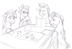 Size: 1220x838 | Tagged: safe, artist:carnivorouscaribou, 8-bit (character), gaffer, gizmo, shining armor, pony, unicorn, dice, dungeons and dragons, game, monochrome, newbie artist training grounds, ogres and oubliettes, sketch, tabletop game, traditional art