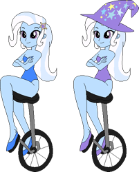 Size: 465x577 | Tagged: safe, alternate version, artist:erichgrooms3, artist:selenaede, derpibooru import, trixie, equestria girls, bare arms, bare shoulders, barrette, base used, clothes, crossed arms, cute, diatrixes, female, hat, legs, leotard, sexy, shoes, sitting, smiling, solo, thighs, trixie's hat, unicycle