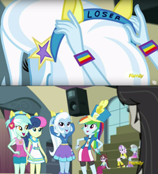 Size: 632x696 | Tagged: safe, derpibooru import, edit, edited screencap, screencap, bon bon, diamond tiara, lyra heartstrings, octavia melody, rainbow dash, silver spoon, sweetie drops, trixie, velvet sky, equestria girls, friendship games, abuse, bully, loser, prank, rainbow douche, trixiebuse