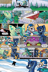 Size: 2000x3000 | Tagged: safe, artist:gray--day, applejack, king sombra, princess celestia, princess luna, queen chrysalis, reversalis, oc, alicorn, changeling, changeling queen, earth pony, kirin, pony, unicorn, comic:of kings and changelings, artemis luna, celestia and luna won't do anything productive, comic, dark mirror universe, hilarious in hindsight, i can't believe it's not idw, mirror universe, ra celestia, uselesstia