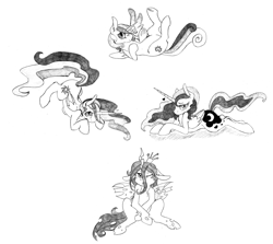 Size: 5812x5183 | Tagged: safe, artist:bloodgoldwings, princess cadance, princess celestia, princess luna, queen chrysalis, alicorn, changeling, changeling queen, pony, absurd resolution, grayscale, heart, monochrome, on back, pose, prone, sitting, traditional art, wink