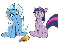 Size: 542x399 | Tagged: safe, artist:joey darkmeat, derpibooru import, edit, trixie, twilight sparkle, pony, cropped, female, lesbian, plushie, shipping, twixie