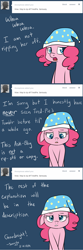 Size: 1000x3001 | Tagged: safe, artist:maplesunrise, pinkie pie, earth pony, pony, ask, ask snuggle pie, floppy ears, hat, nightcap, solo, tumblr