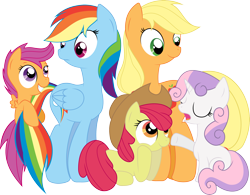 Size: 4573x3562 | Tagged: safe, artist:nazoth, apple bloom, applejack, rainbow dash, scootaloo, sweetie belle, earth pony, pegasus, pony, unicorn, cutie mark crusaders, eyes closed, female, filly, hat, mare, open mouth, simple background, transparent background