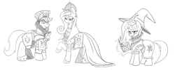 Size: 3641x1475 | Tagged: safe, artist:bylisboa, derpibooru import, princess cadance, shining armor, trixie, alicorn, pony, unicorn, armor, clothes, dress, equestria divided, female, house moon and star, mare, monochrome, ruff (clothing)