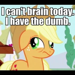 Size: 608x616 | Tagged: safe, edit, edited screencap, screencap, applejack, earth pony, pony, applebuck season, caption, cropped, derp, floppy ears, i cannot brain today, image macro, meme, solo