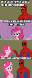 Size: 546x1298 | Tagged: safe, pinkie pie, earth pony, pony, 60s spider-man, chocolate milk, chocolate rain, crossover, image macro, meme, spider-man