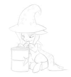 Size: 1280x1389 | Tagged: safe, artist:vulapa, derpibooru import, trixie, pony, unicorn, barrel, female, mare, monochrome, sad, solo