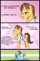 Size: 726x1098 | Tagged: safe, artist:musapan, doctor horse, doctor stable, rainbow dash, pegasus, pony, comic, dialogue, female, male, narcissism, straight, wingboner