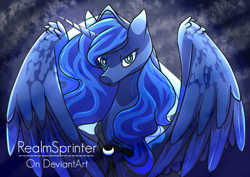 Size: 1024x723 | Tagged: safe, artist:realmsprinter, princess luna, alicorn, pony, cloak, clothes, solo, spirit of hearth's warming yet to come, spread wings