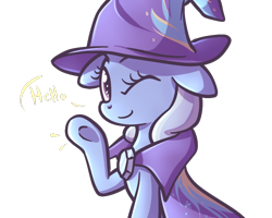 Size: 750x600 | Tagged: safe, artist:spikedmauler, derpibooru import, trixie, pony, unicorn, cute, diatrixes, female, hello, looking at you, mare, simple background, solo, wink