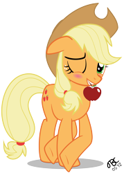Size: 5000x7000 | Tagged: safe, artist:tbcroco, applejack, earth pony, pony, absurd resolution, apple, blushing, crossed hooves, cute, female, jackabetes, mouth hold, obligatory apple, show accurate, simple background, solo, transparent background, vector, wink