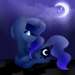 Size: 830x831 | Tagged: safe, artist:rosswelm, princess luna, alicorn, pony, happy, moon, night, prone, smiling, solo